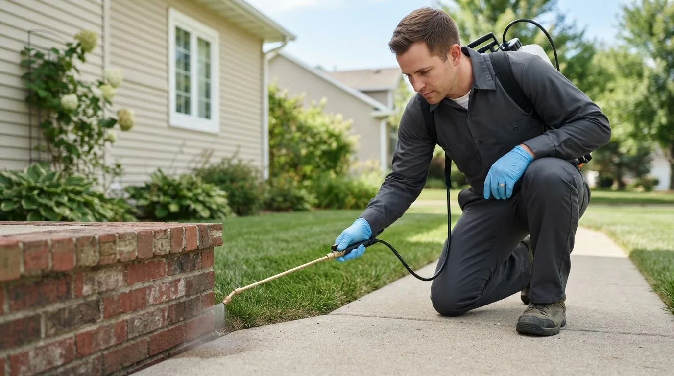 Pest control technician treating a home near Noti, OR